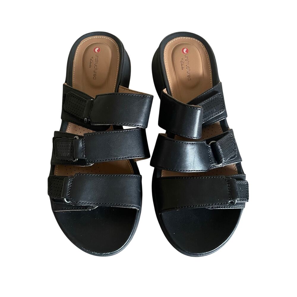 Clarks Unstructured Un Adorn Lane Sandals Womens 7.5 Black Leather Comfort